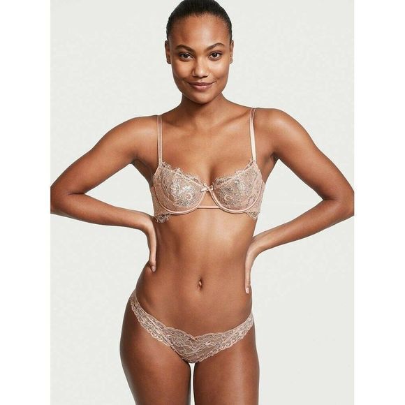 Victoria's Secret 36B,36D,36DD BRA SET+garter CORSET BEIGE SILVER evening blush - Picture 11 of 11